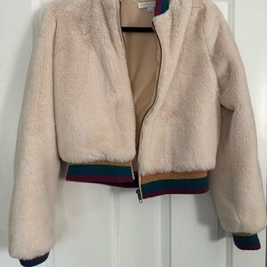 Spiritual Gangster Cream Bomber Jacket with Rainbow Trim